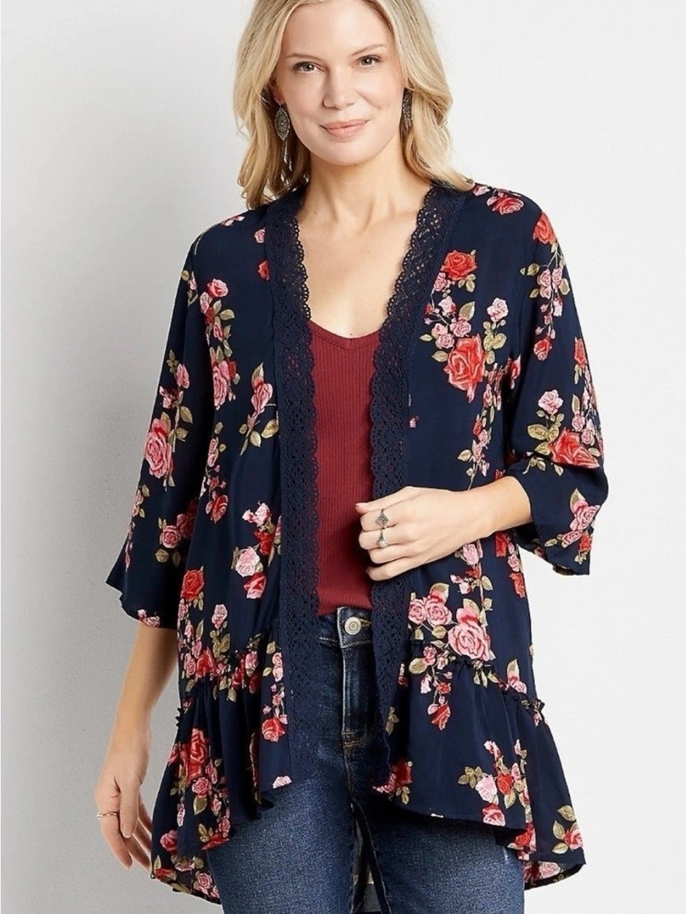 Maurices Navy Blue Floral Crochet Lace Trim Kimono